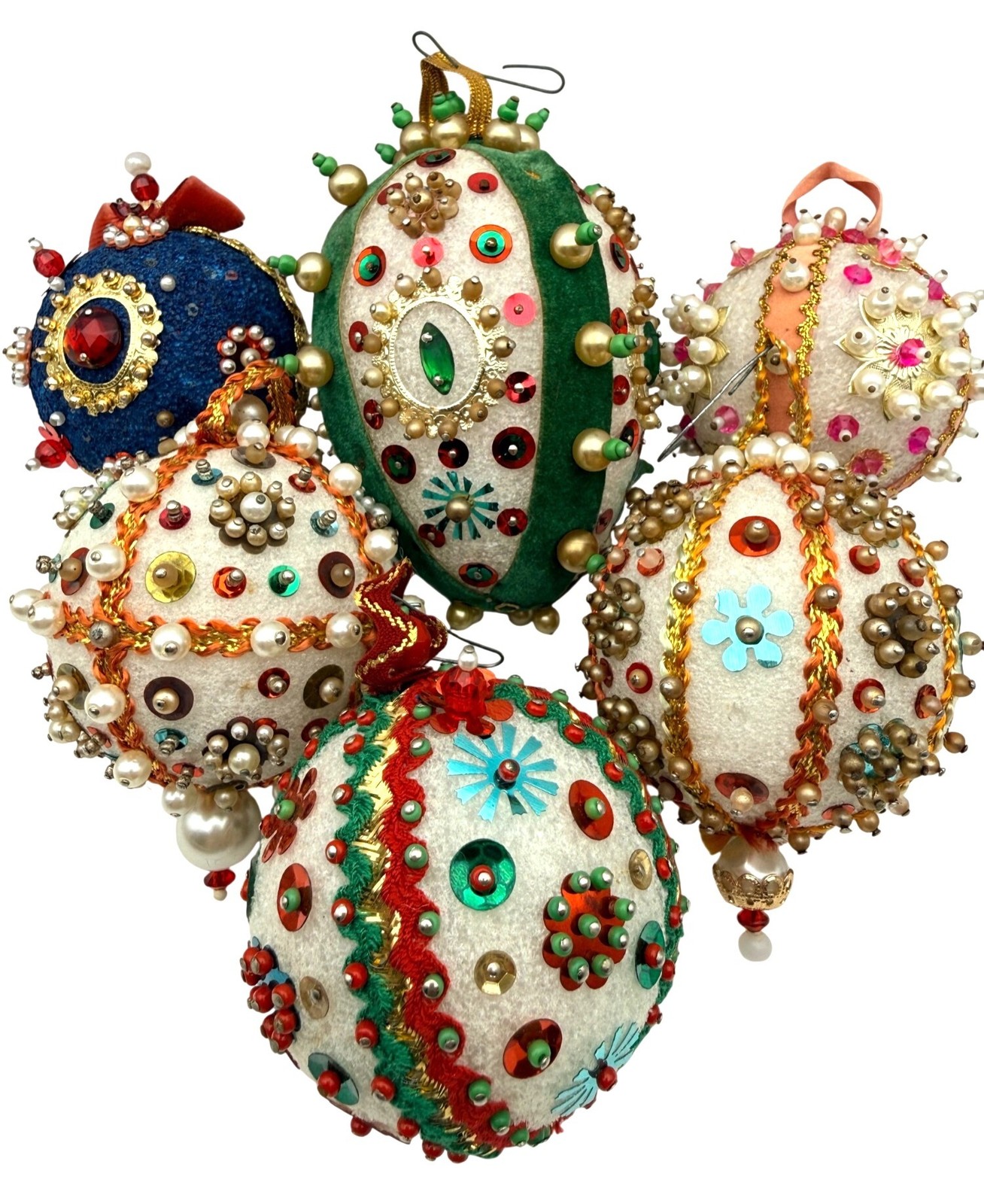Vintage Handmade Pushpin Christmas Ornaments Sequin & Beaded Styrofoam Lot Of 6