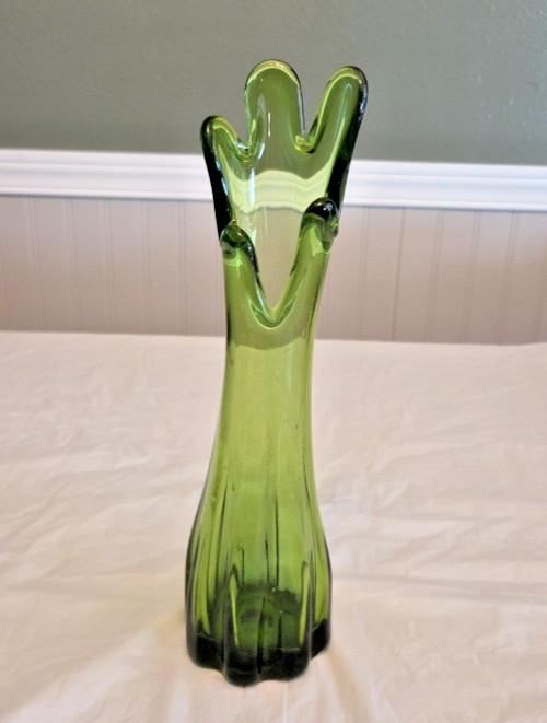 Vintage Five Finger Green Blown Art Glass Swung Vase 10.5\