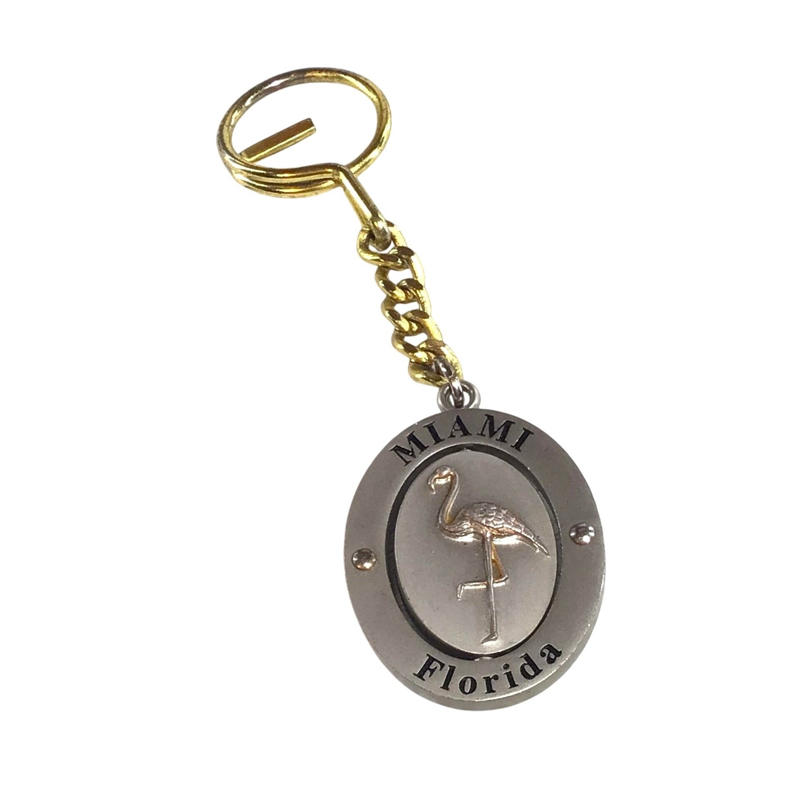 Vintage Miami Florida Keychain Flamingo Center Twirls Silver Tone Gold 