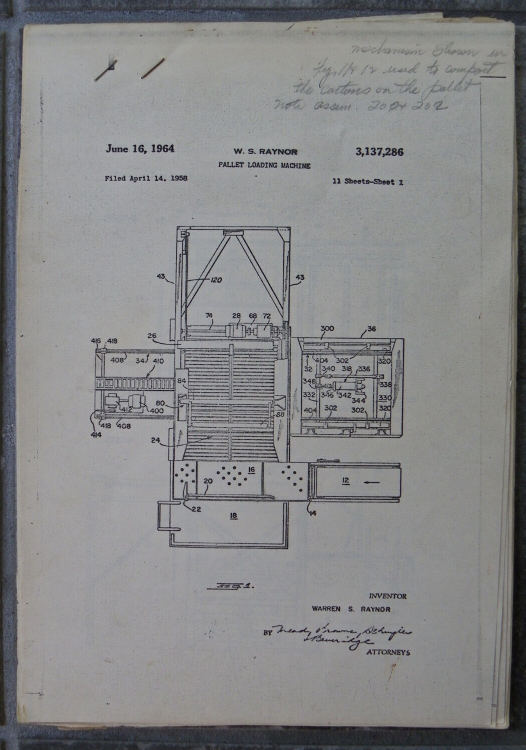 Vtg 21 Pg 1964 Patent Paperwork-11 Industrial Schematic Diagrams-Pallet Loading