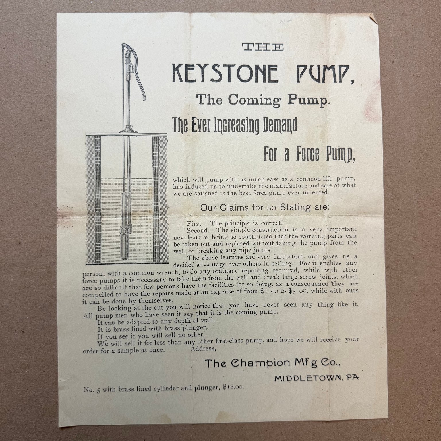 Vintage Keystone Pump Advertising Flyer Middletown PA Water Well Ephemera