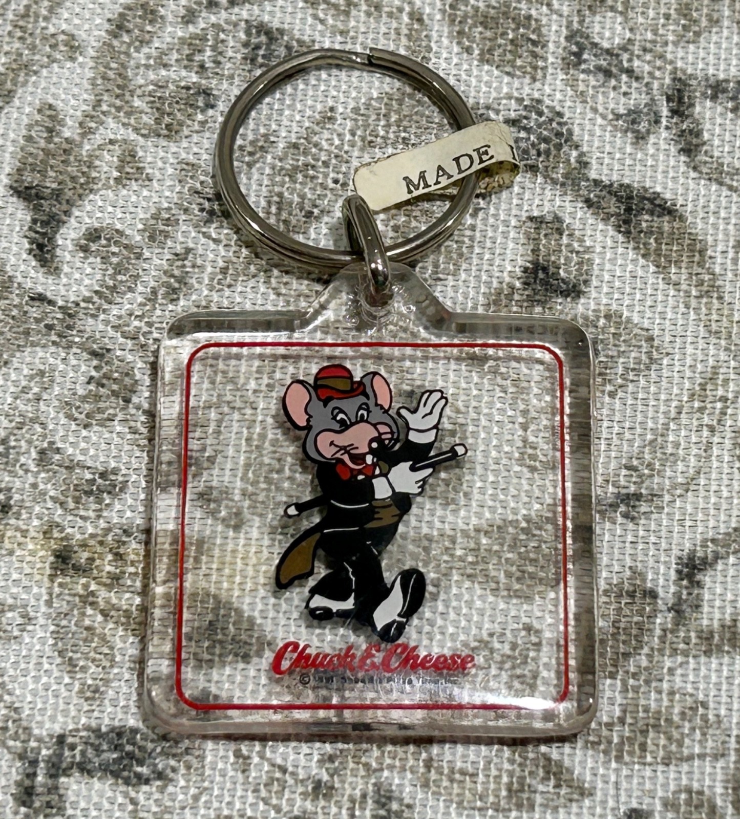 Vintage 1991 Chuck E Cheese Tuxedo Lucite Keychain Hard to Find