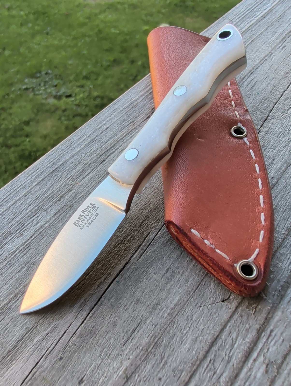 Bark River Micro Canadian 154CM Knife Faux Mother of Pearl Scales Leather Slip 5