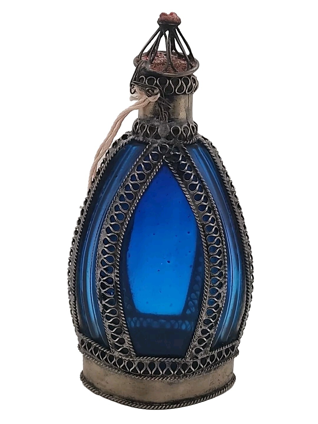 Vtg Antique Moroccan Perfume Bottle, Cobalt Blue Glass, Silver Plated  Overlay