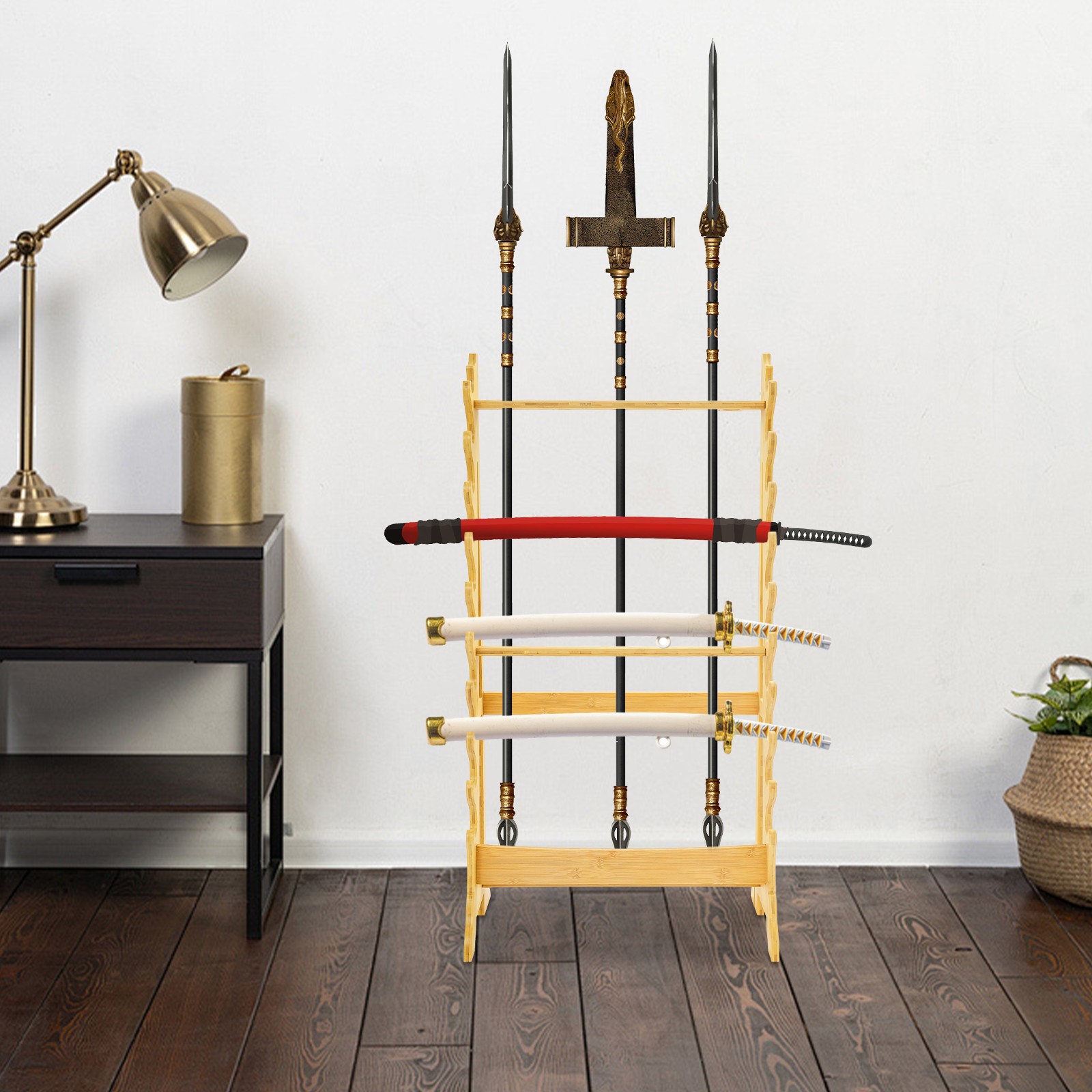 10 Tiers Bamboo Sword Display Rack Sword Display Stand Hardwood Rack Log Color