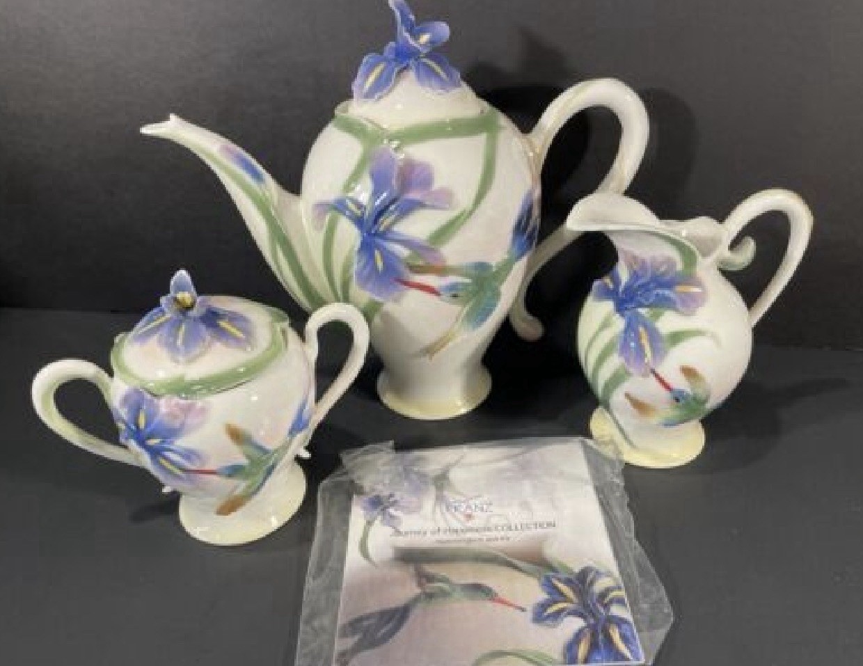 Lot Franz Long Tail Hummingbird Iris Teapot Cream Sugar Porcelain Retired Boxes