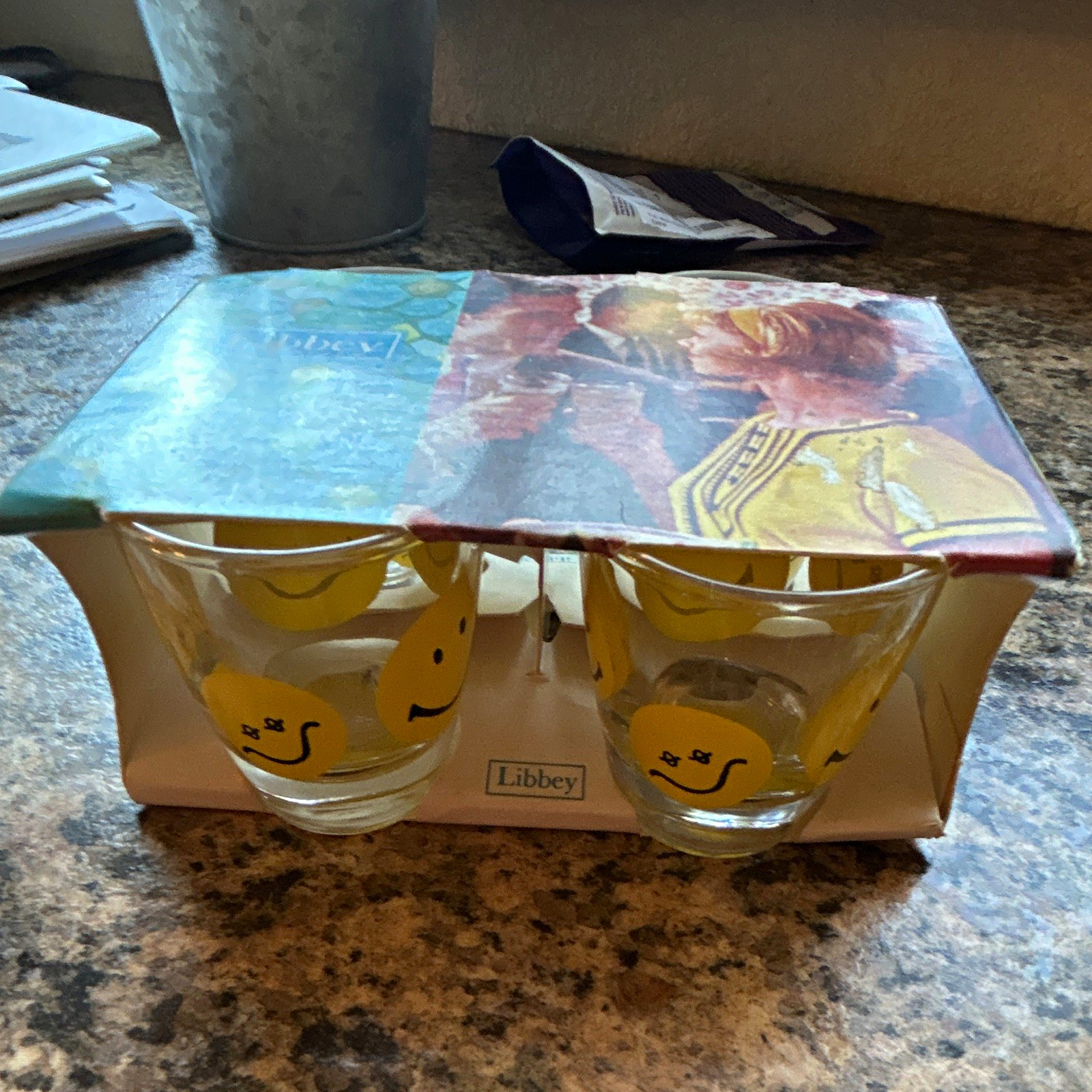 Libbey Vintage 1970s Smiley Face 2 oz Clear/Yellow Glass Shot Glasses, Set of 4