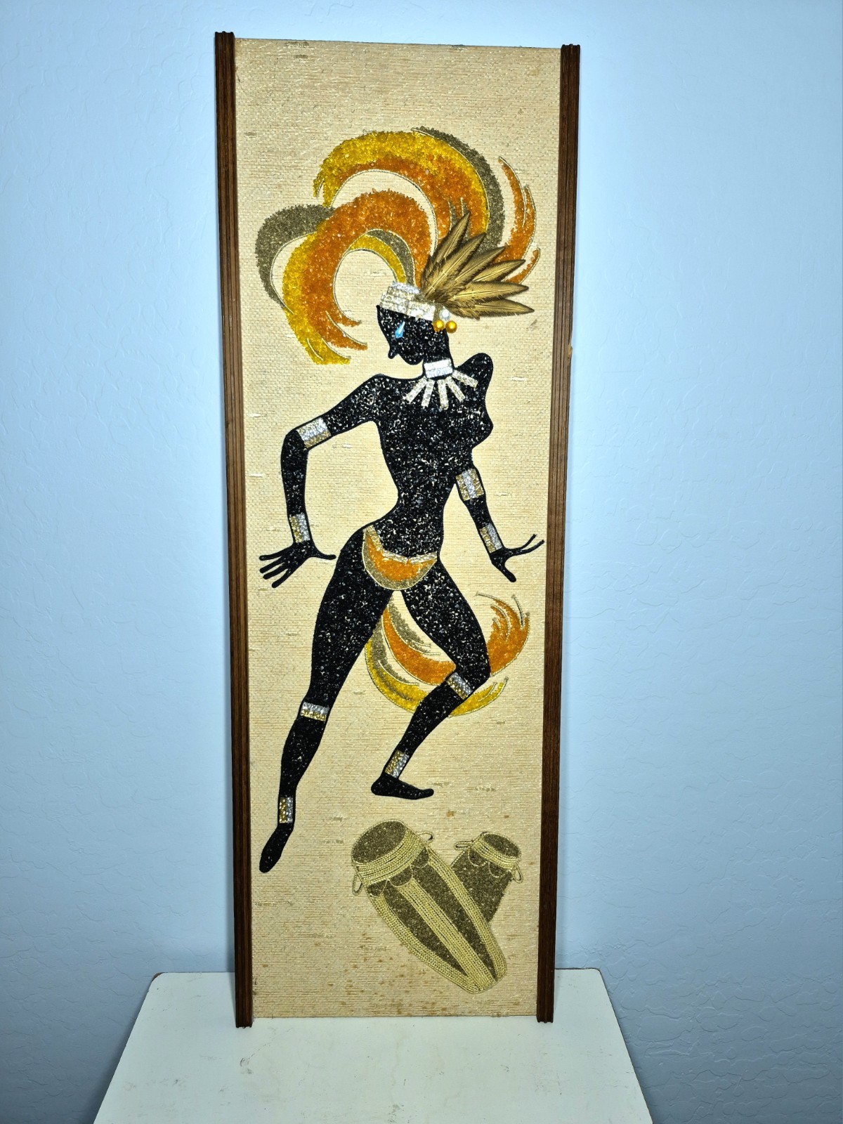 Vintage 1960s MCM Gravel Art Panel Calypso Dancer Wall Decor 12
