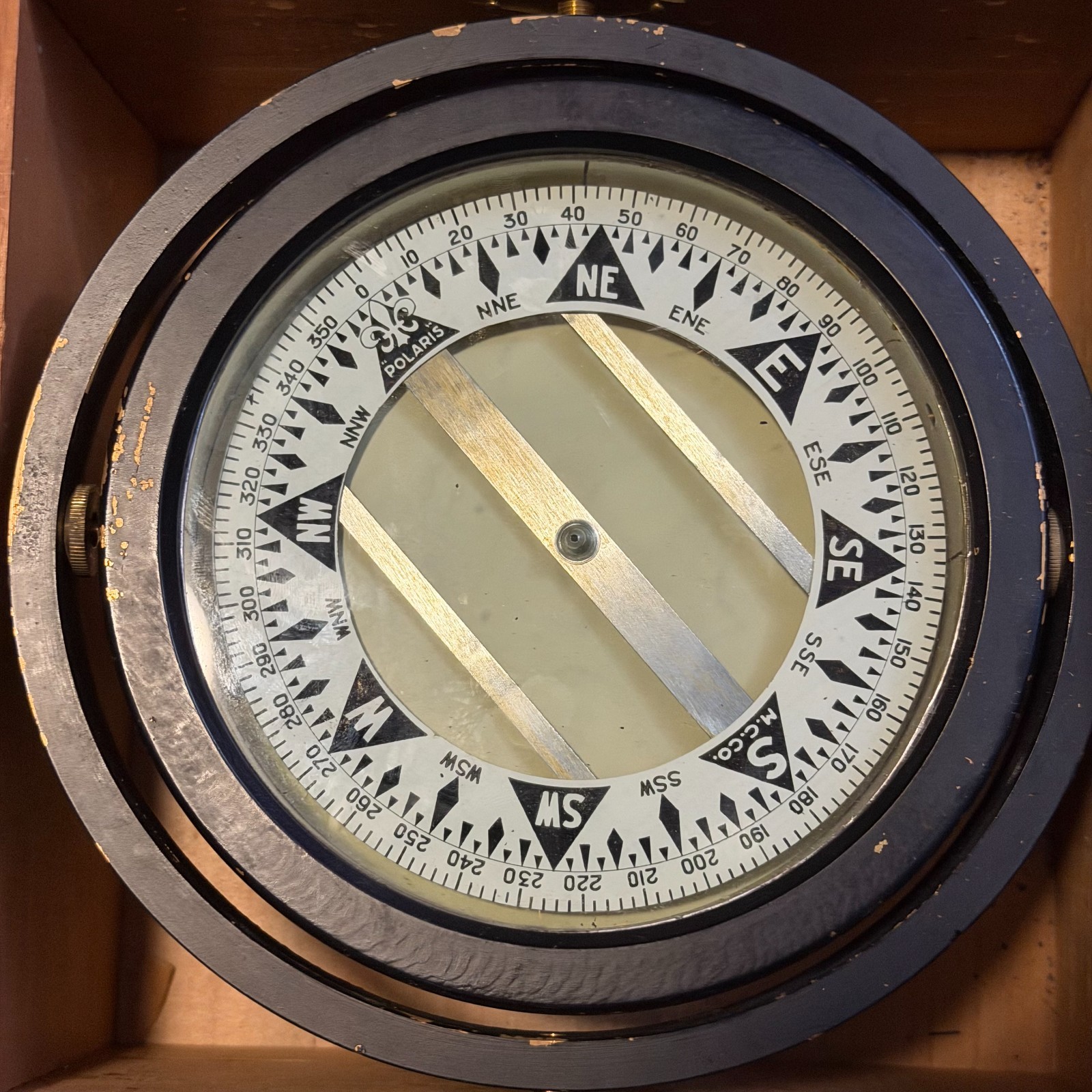 Vintage Polaris Gimbaled Ship Compass Marine Boat Liquid Floating Wooden Box
