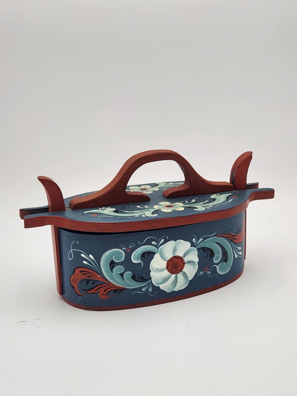 Vtg Norwegian Rosemaling Tine Box Oval Bent Wood Folk Art Hand Painted Signed 92