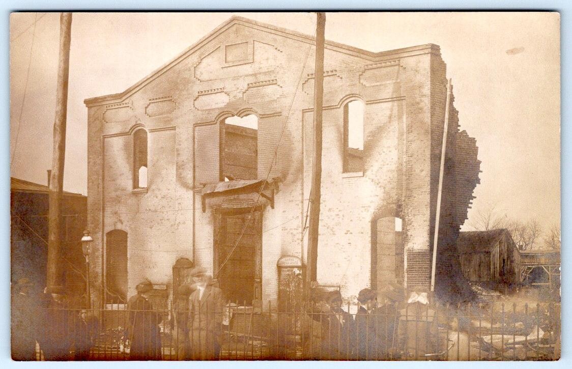 1910's RPPC BURNED OUT BUILDING IRON FENCE BARN LOCATION UNKNOWN PHOTO POSTCARD