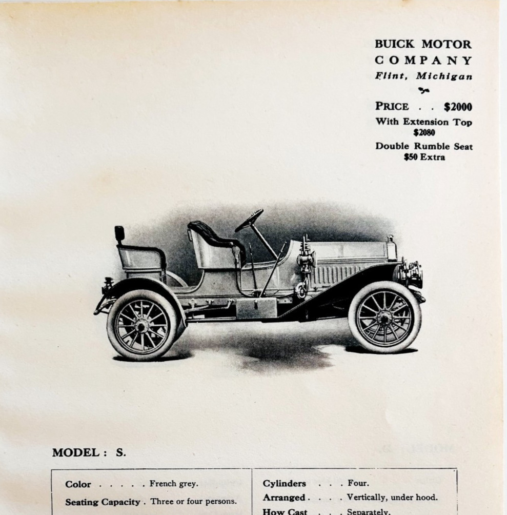 1908 Buick Motor Co Model S Print Catalog Advertisement Automobilia F14G