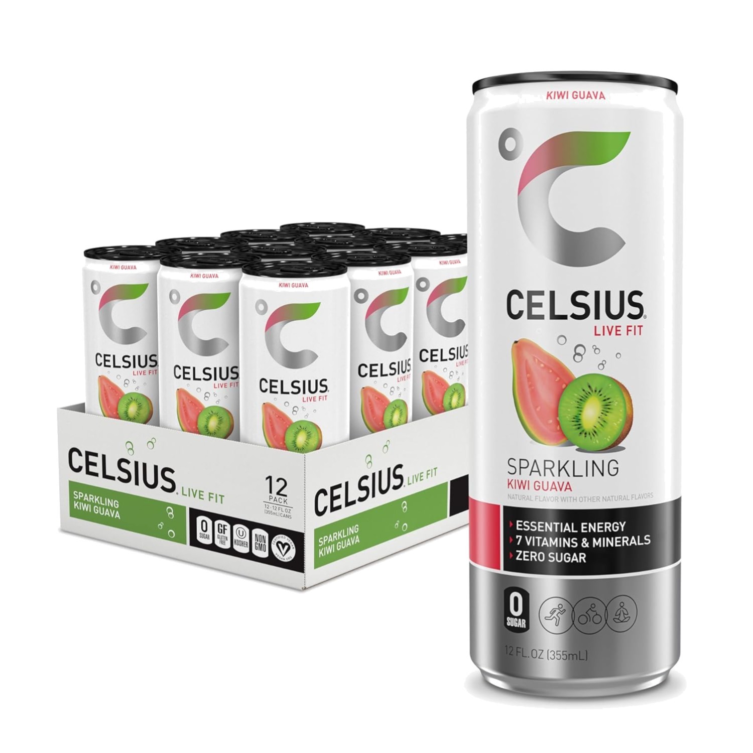 Sparkling Kiwi Guava Energy Drink – Sugar-Free, 200mg Caffeine, Pack of 12