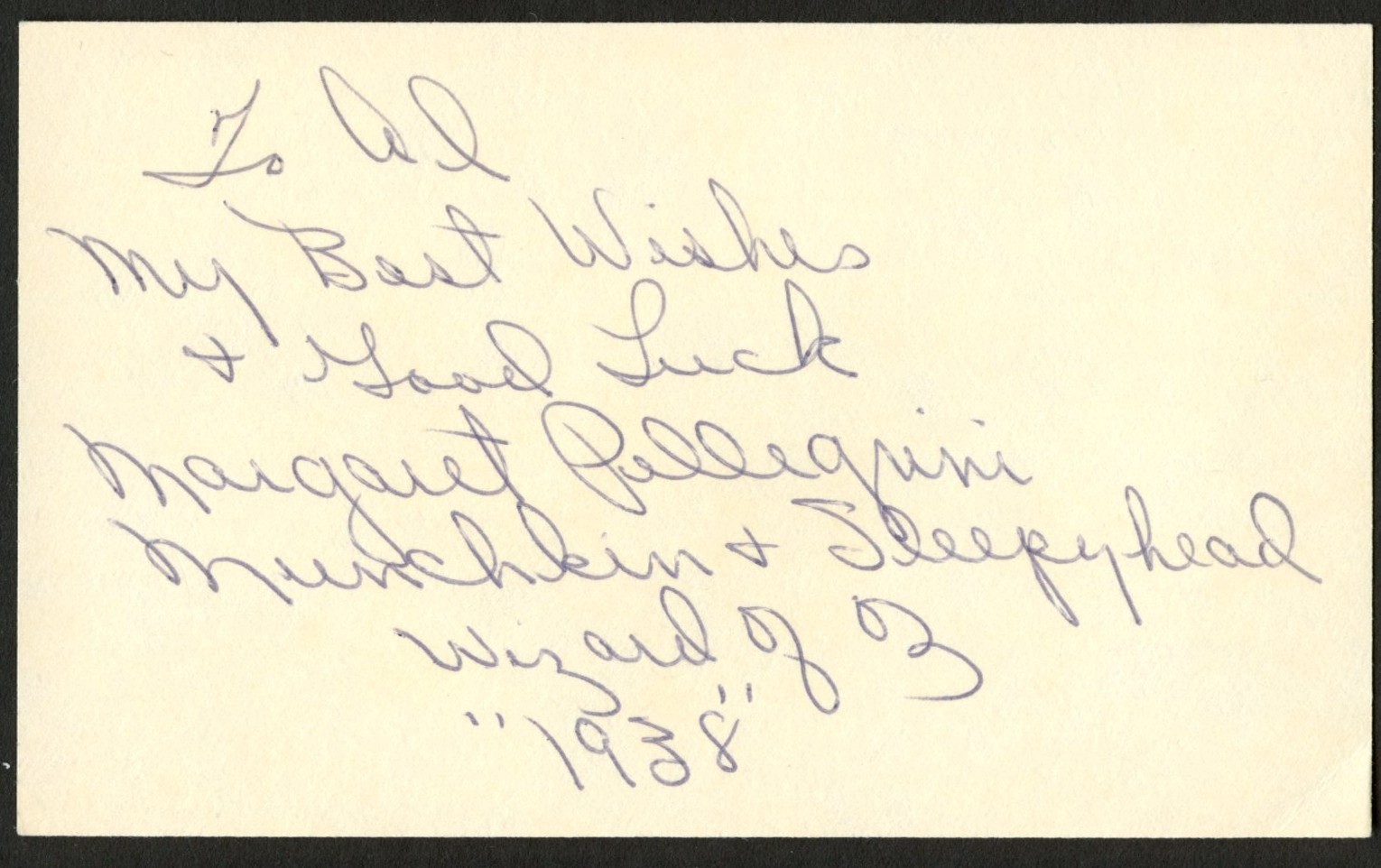 Margaret Pellegrini d2013 signed autograph 3x5 cut Actress The Wizard of Oz C565