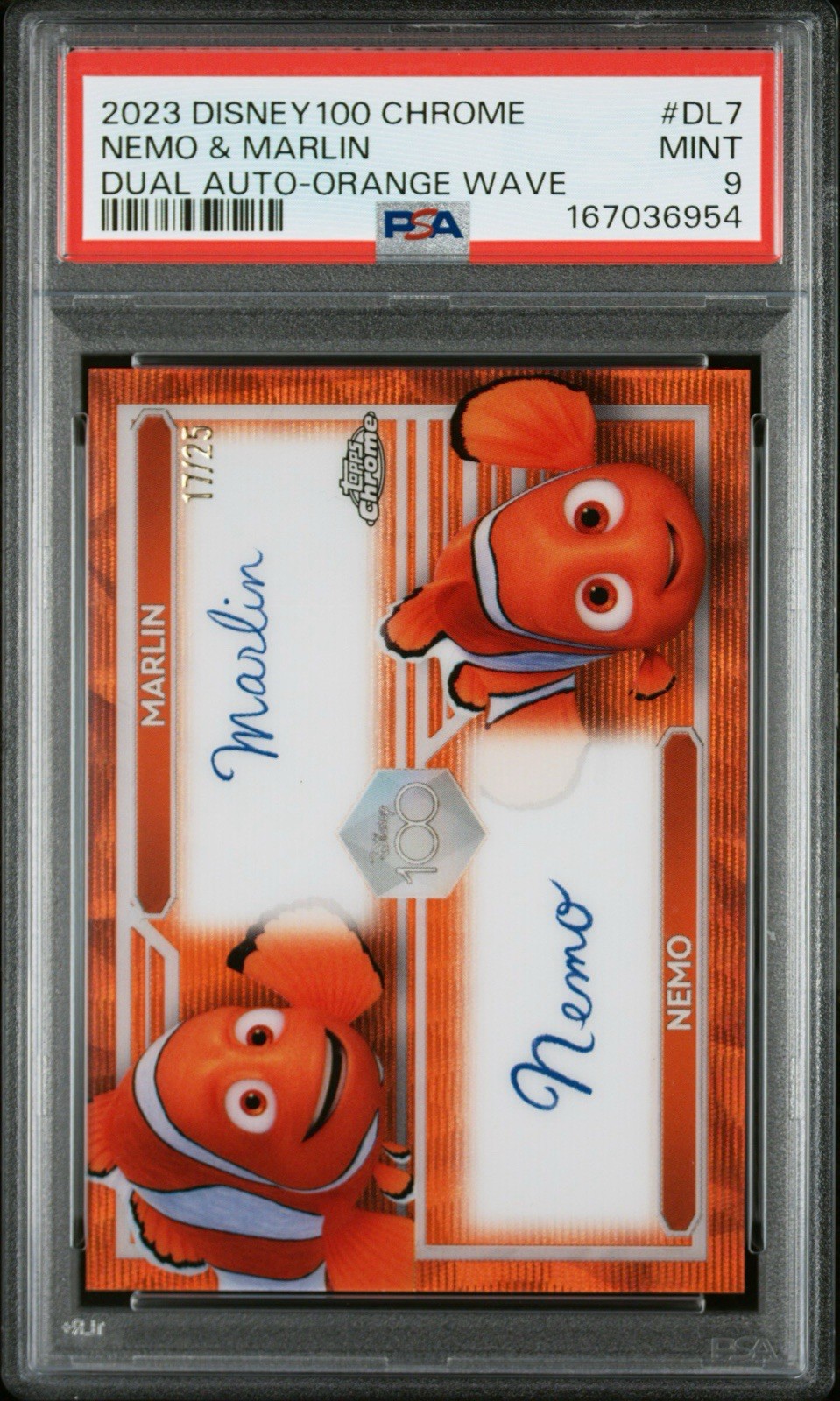 2023 Topps Chrome Disney 100 Nemo Marlin Auto Orange Wave Refractor #/25 PSA 9