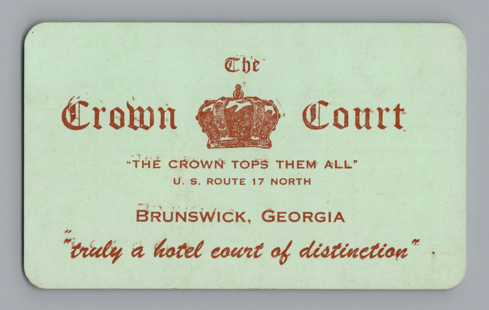 Vintage 1940s THE CROWN COURT Motel Business Card Brunswick Georgia Route 17 Vintage 1940s THE CROWN COURT Motel Business Card Brunswick Georgia Route 17
