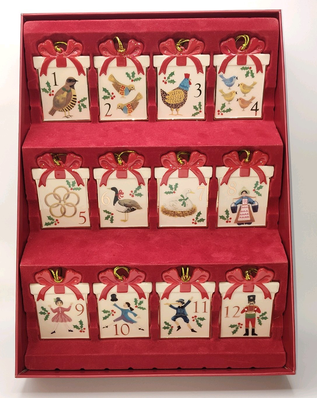 Lenox Twelve Days of Christmas 12  Ornament Set Handpainted Gift Box Shape NEW