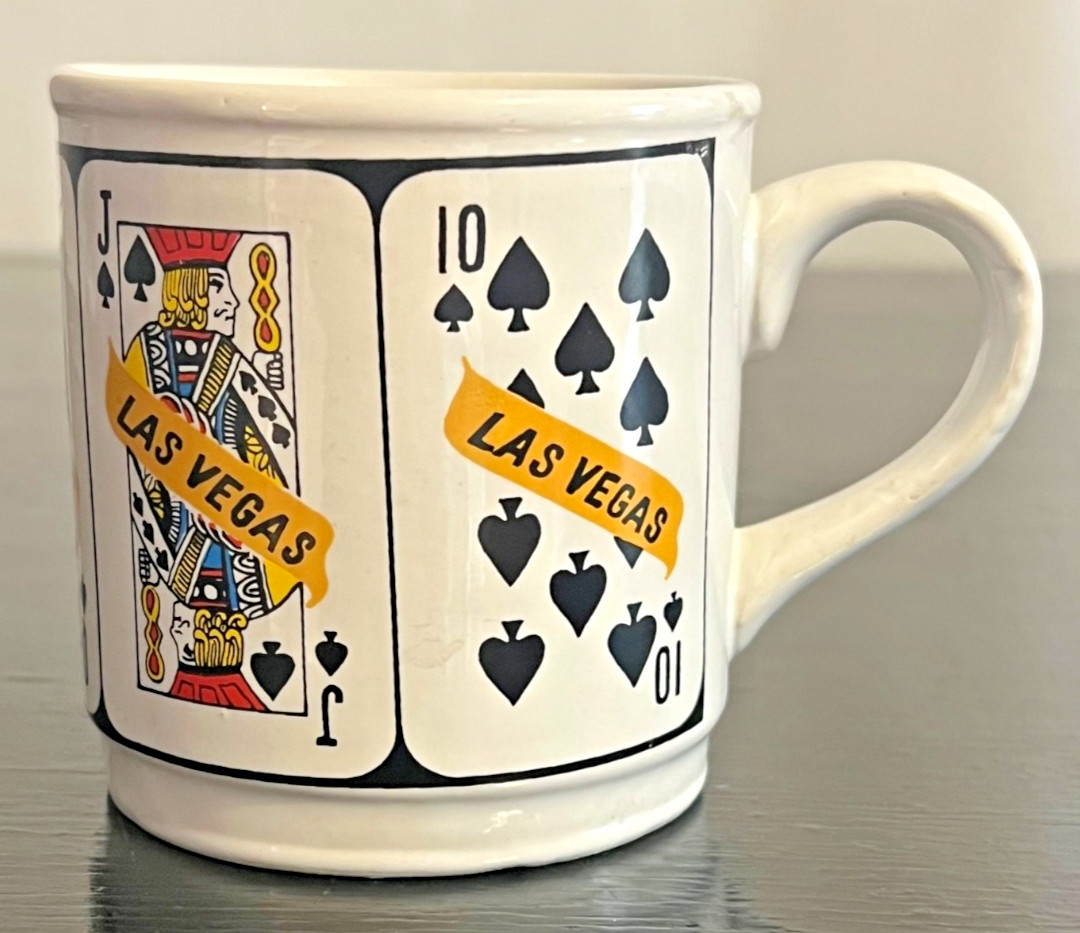 🍋 Vintage 1970s Las Vegas Playing Cards Poker Jack Queen King Coffee Mug 🍋