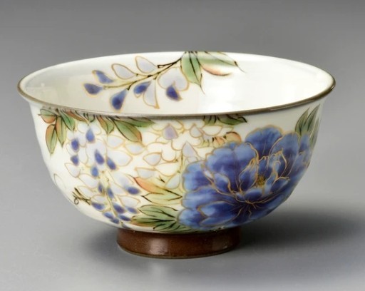Kyoto Kiyomizu yaki ware porcelain Japanese Rice bowl Purple Flower Pattern