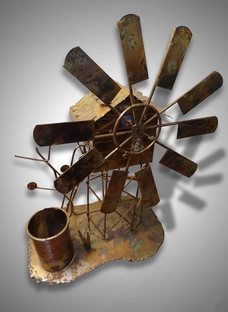 Vtg Brutalist Copper Windmill Music Box Mixed Metal Torch Cut Kinetic Sculpture