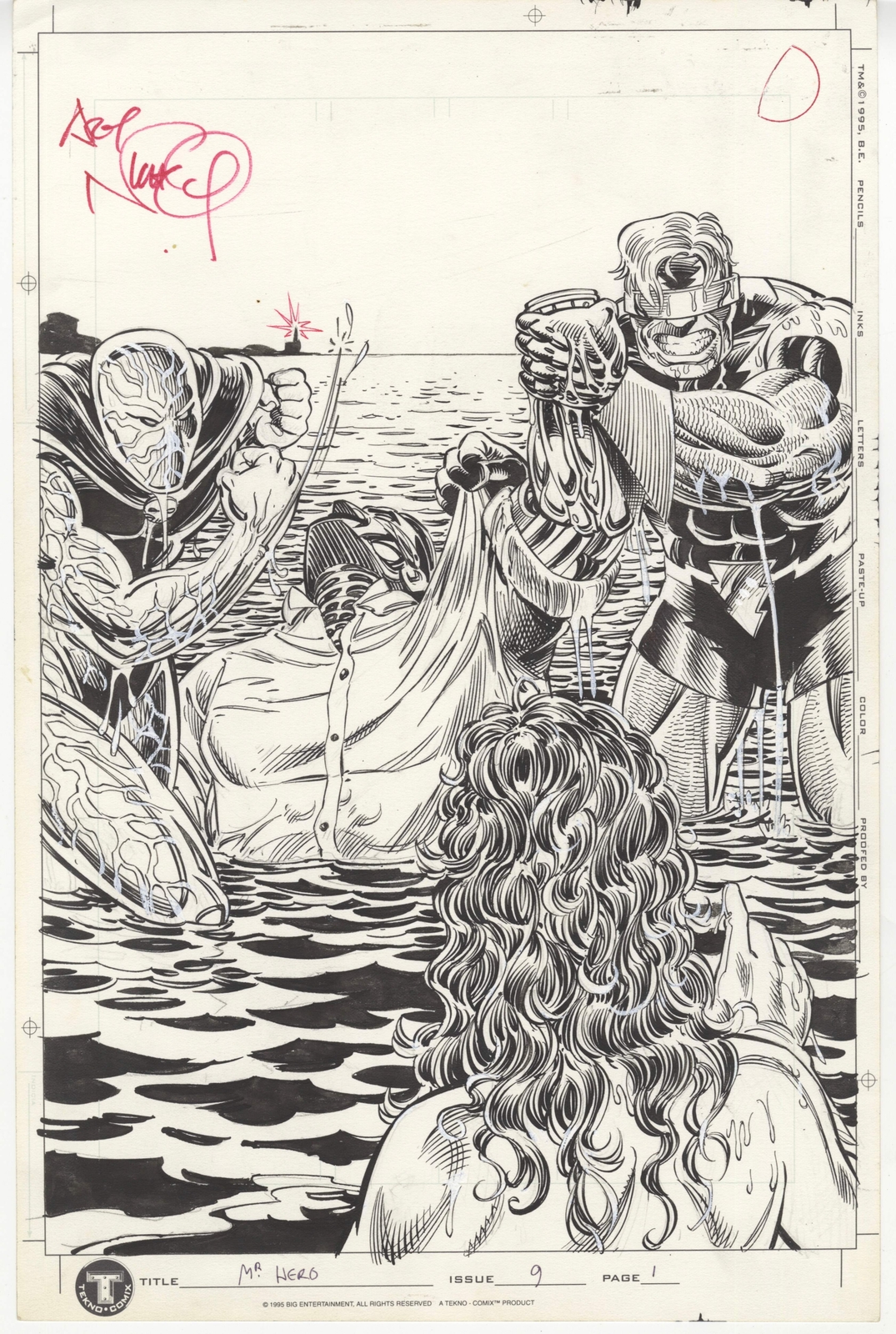 Neil Gaiman's Mr. Hero #9 pg 1 Original Comic Art Splash Page by Ted Slampyak