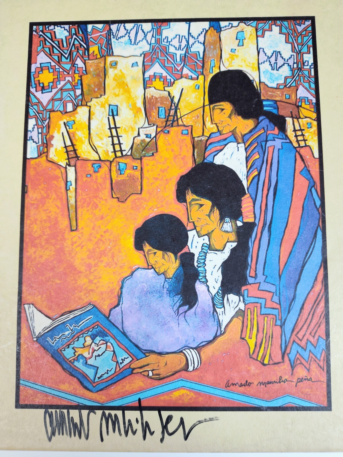 1960s SIGNED Amado Maurilio Peña Jr Art Tile Southwest Pueblo Native Scene 8x10