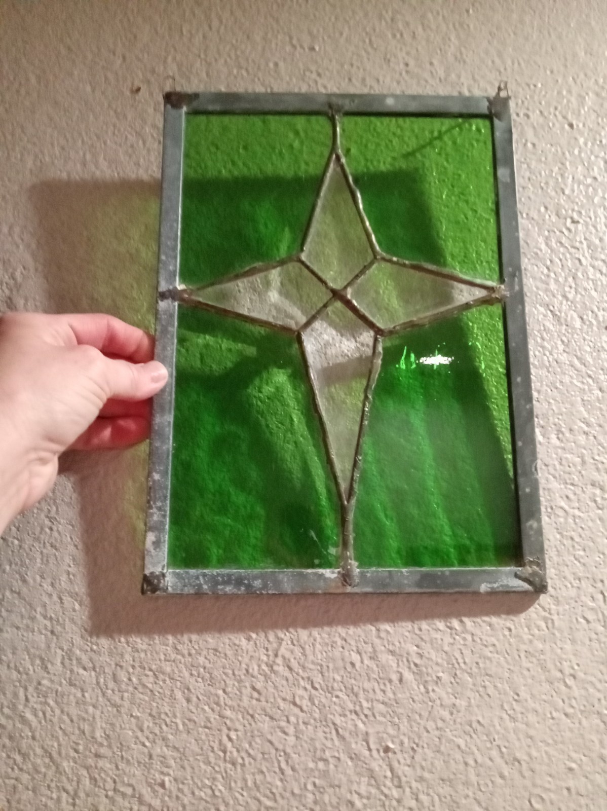 Vintage Stained Glass Diamond On Green Background 