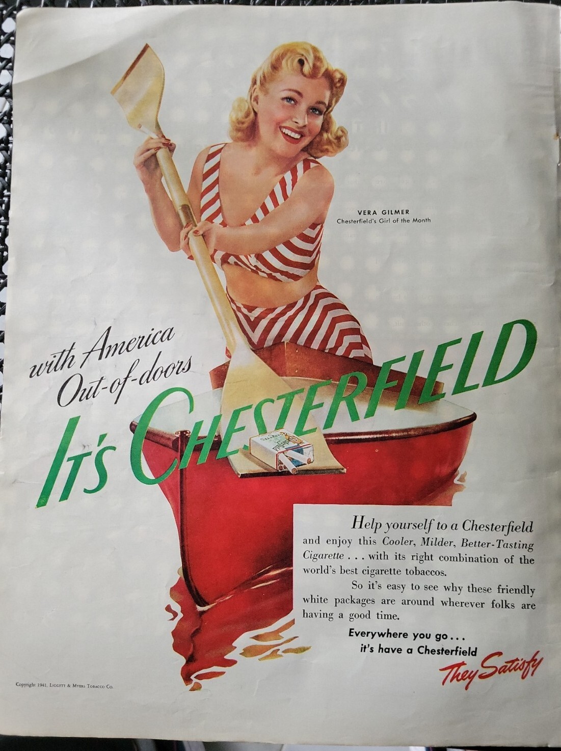 1947 Chesterfield cigarettes Vera Gilmer girl of the month rowing Ad