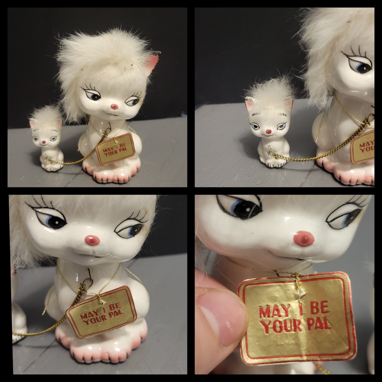 Vintage Ceramic Mother Cat Kitten On Chain Fur Anthropomorphic Norcrest Kitsch
