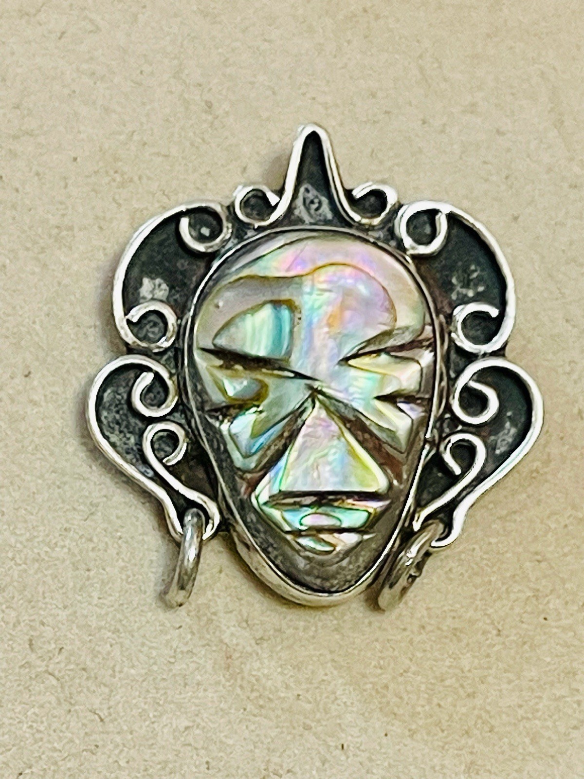 VTG DANNY'S Taxco Mexico Sterling Silver Abalone Carved Head Pin Brooch Pendant