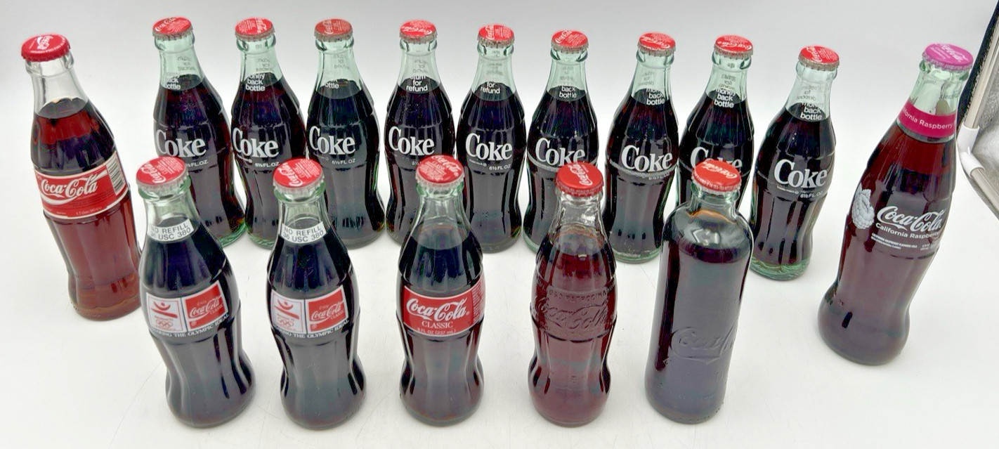 (18) ASSORTED COCA COLA SEALED BOTTLES MEXICAN, OLYMPIC, REPRODUCTION, RASPBERRY