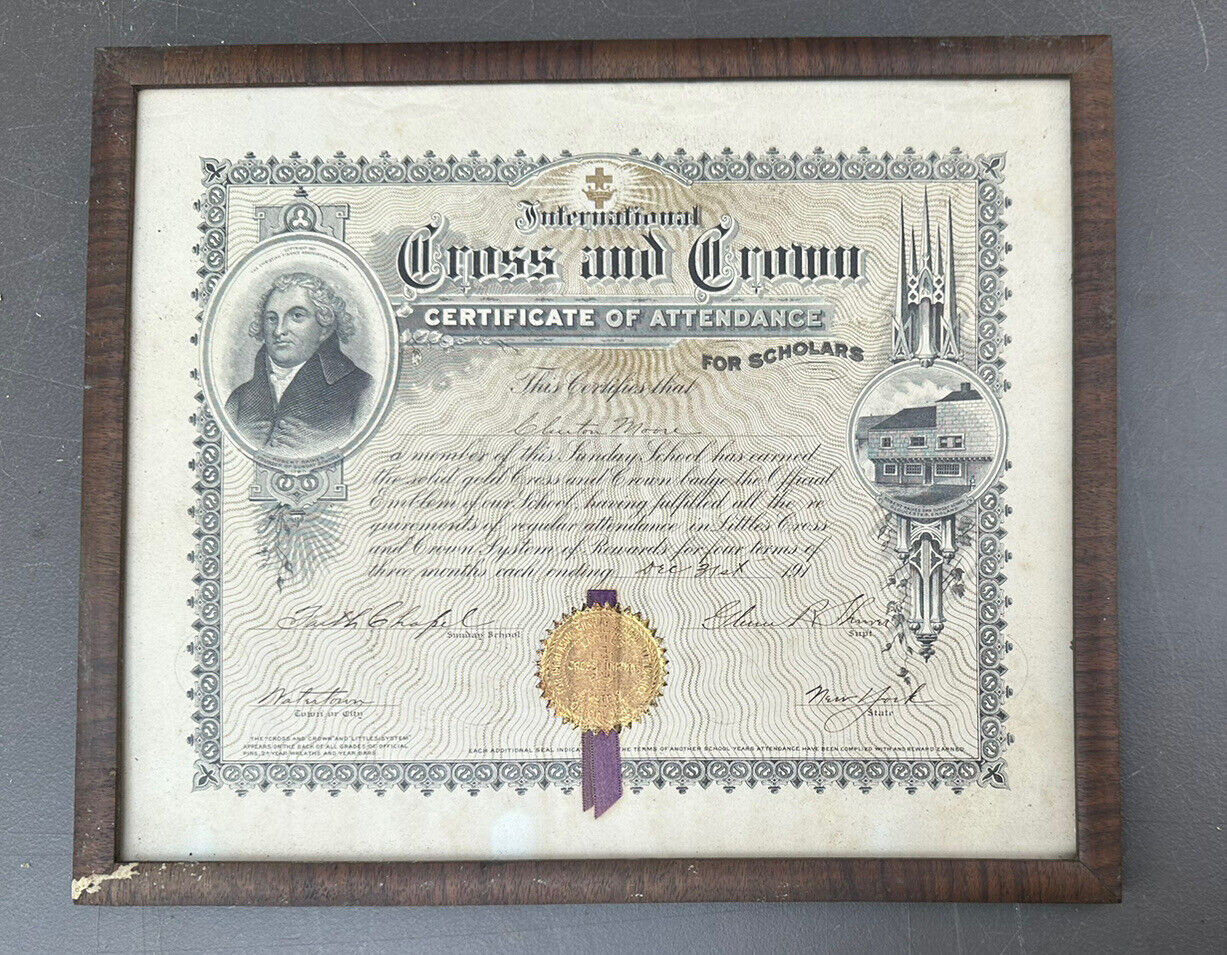 Antique 1907 Cross & Crown Certificate Of Attendance for Scholars Sunday School