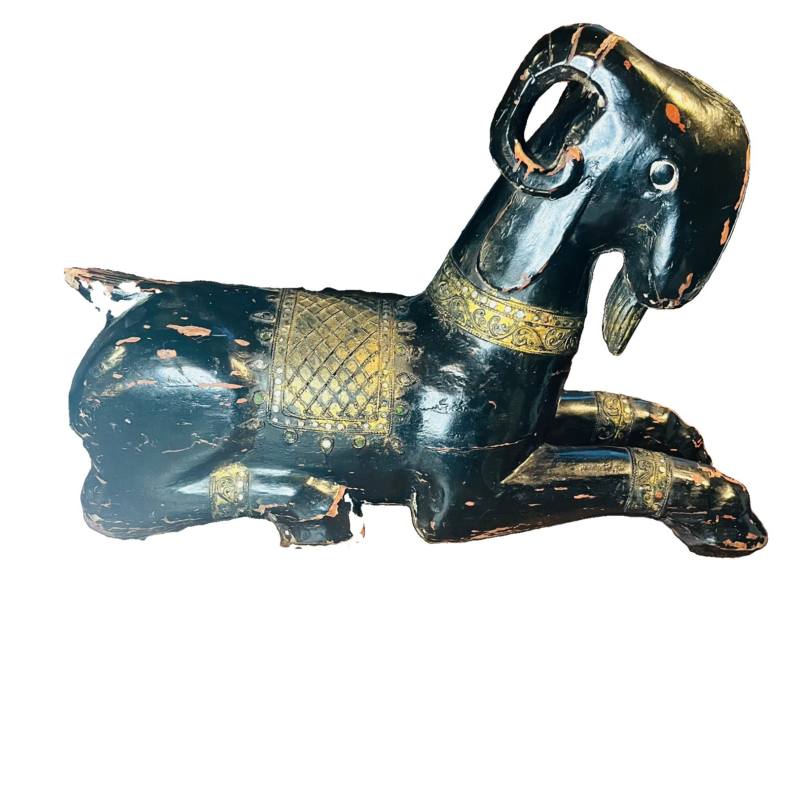 Vintage Thai Lacquered Wooden Ram Sculpture Gilt & Mirror Inlay Figure