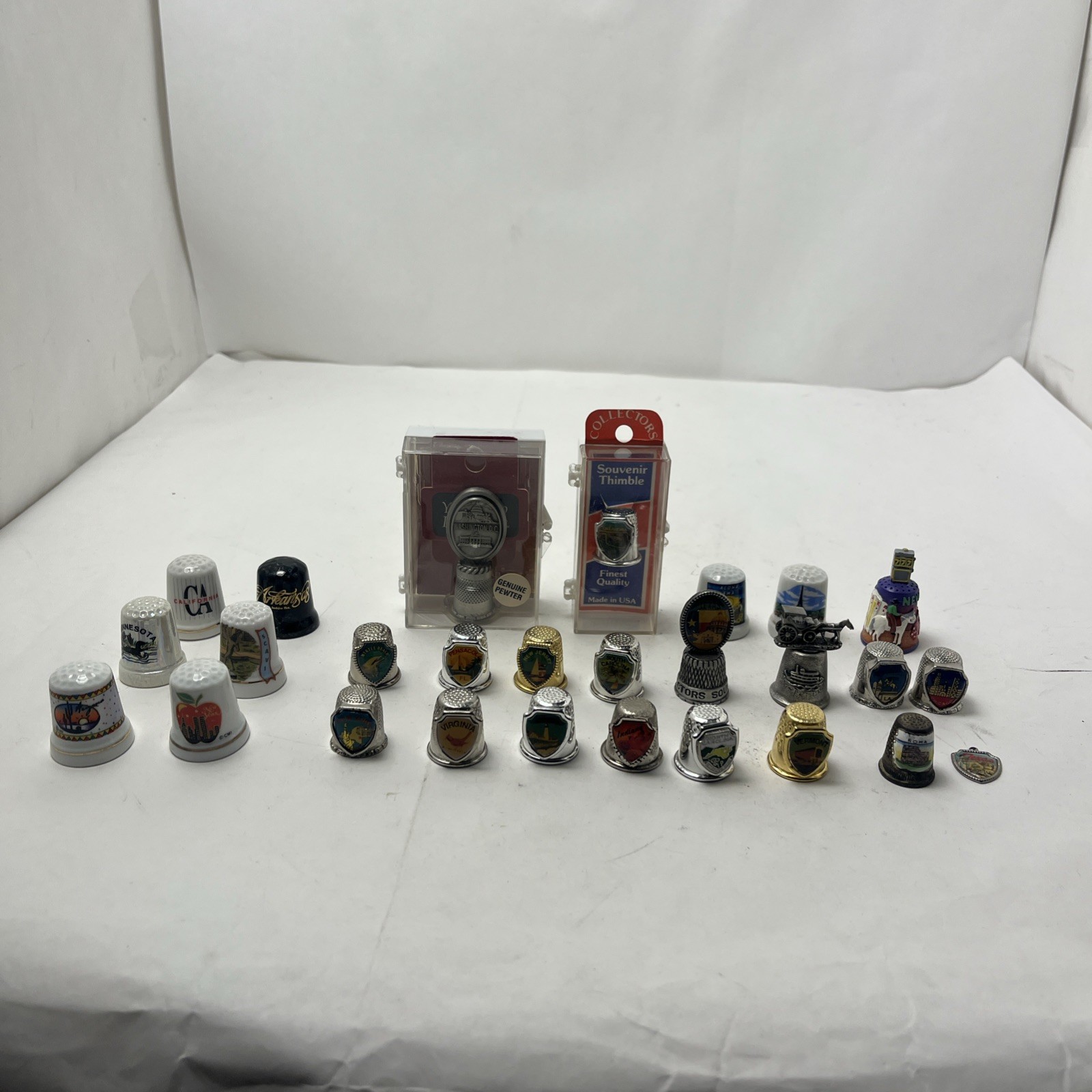 Huge Vintage Mixed Lot 26 Thimbles Pewter Porcelain Figural Ceramic