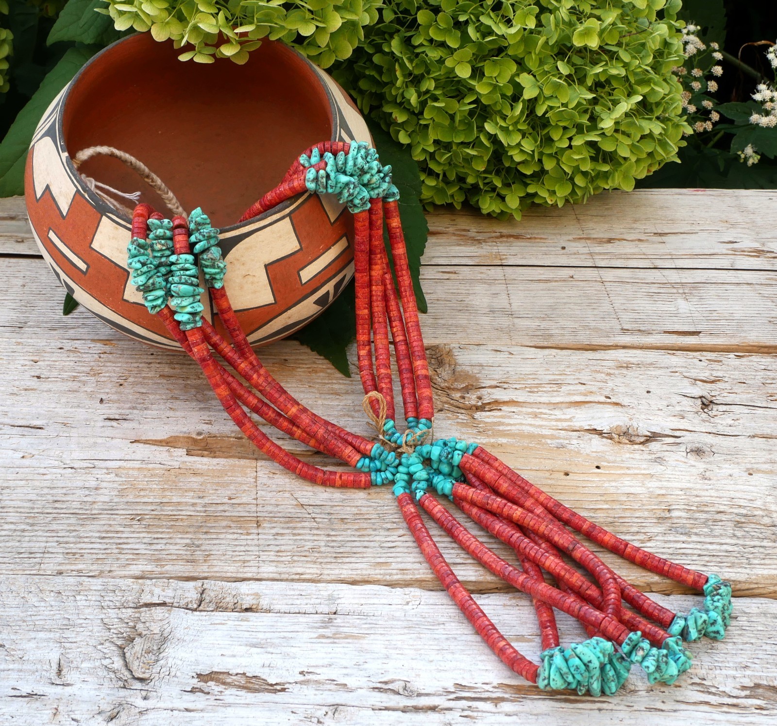 Santo Domingo 4 Strand Necklace Handmade Coral Heishi & Turquoise Jacla ca 1980