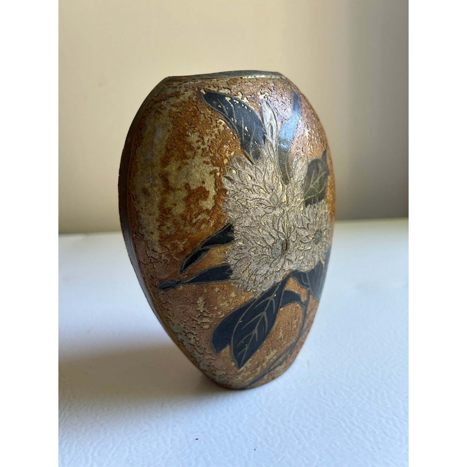 Antique 1930s Signed A. Delbaux French Painted Brass Vase w/ Floral Theme, Heavy