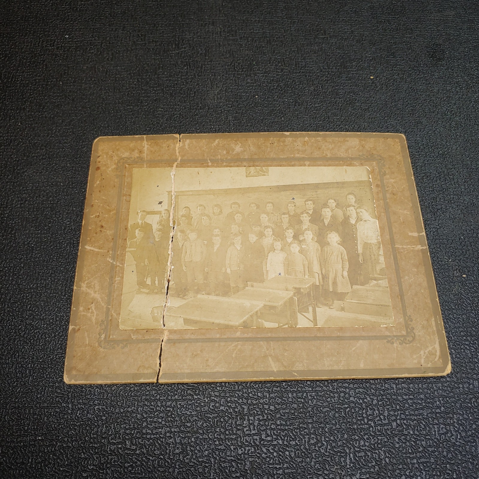 Vintage 1910s Damaged Class Portrait Photograph On Ornate Cardboard Mount