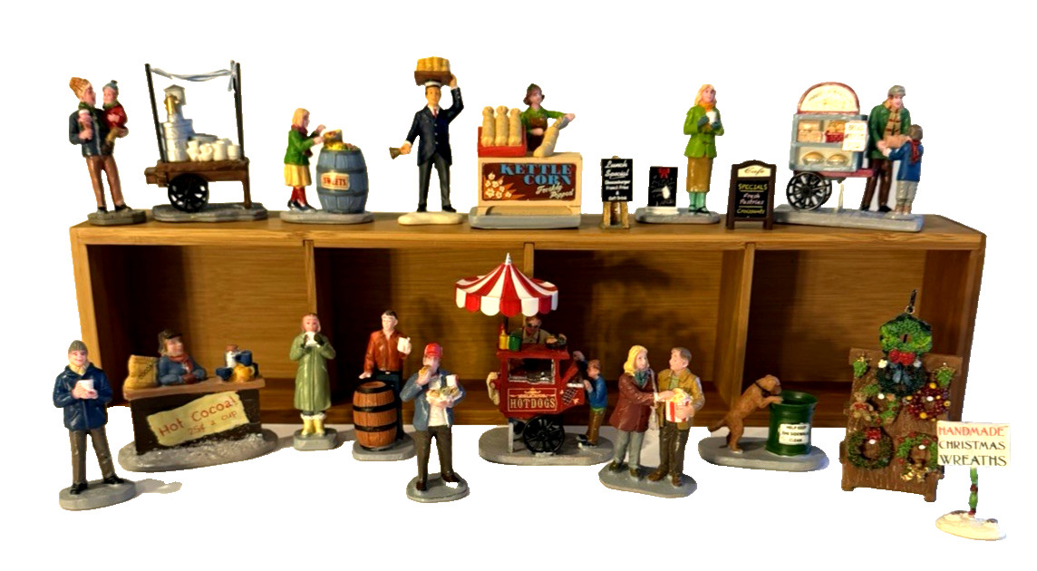 Lemax Christmas Village Vendor Carts Food Stands Signs, Eating Figurines 29Total