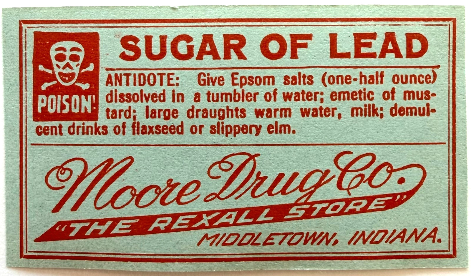 1920s Vintage Poison Label Sugar Of Lead Skull Rexall Indiana NOS Medical Unused