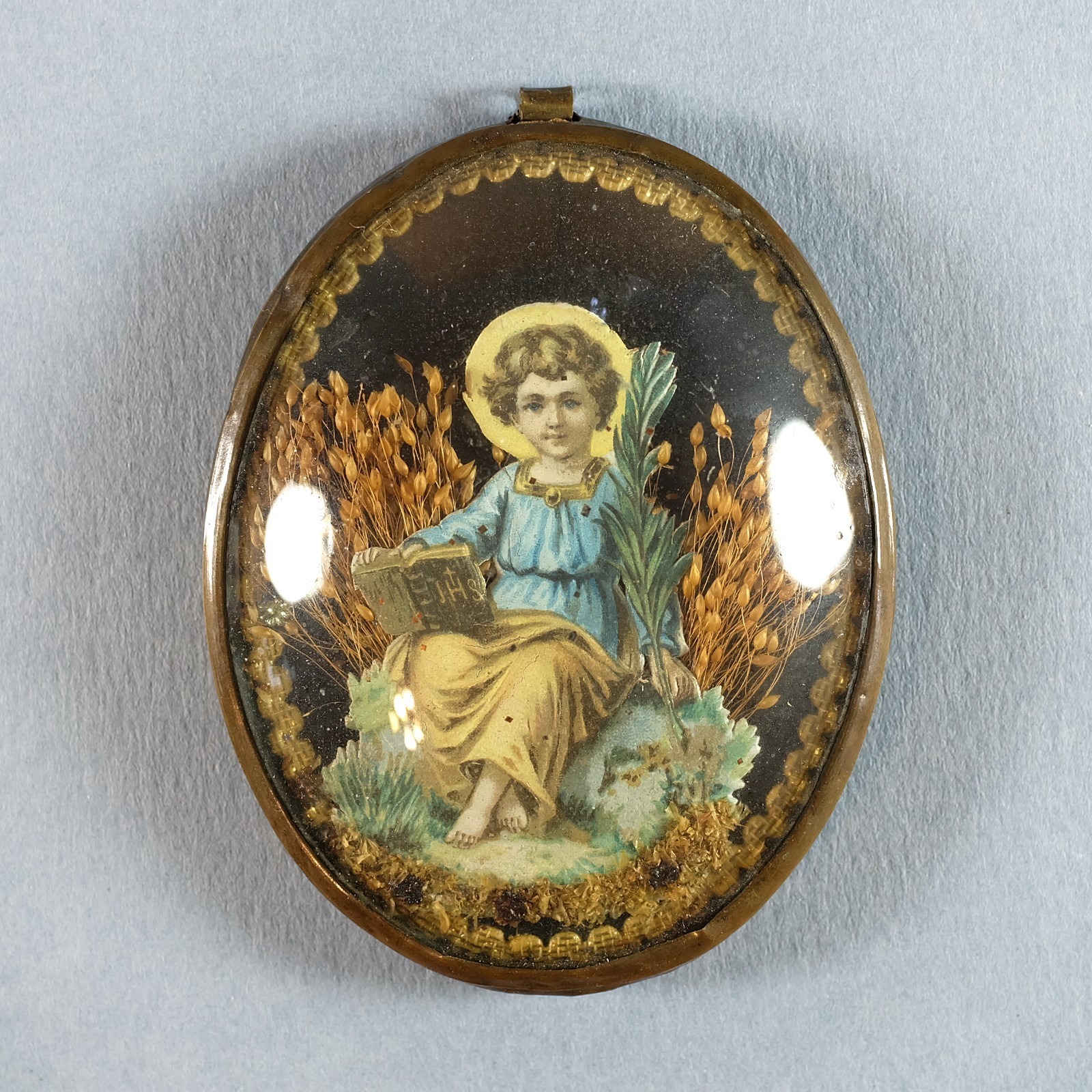 Early 1800s Antique Victorian Bubble Glass Religious Hanging Framed Plaque