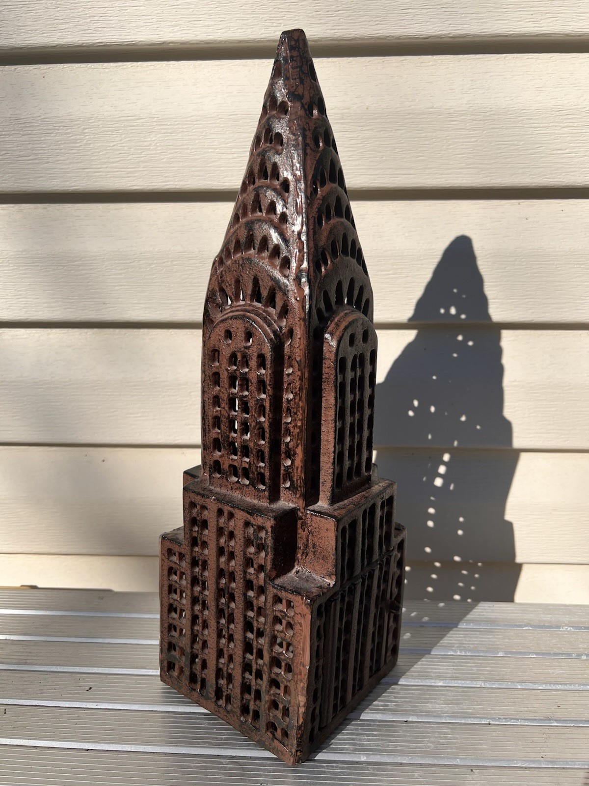 17” Tall New York Chrysler Building Cast Iron Bronze Metal Candle Holder 9.4 Lbs