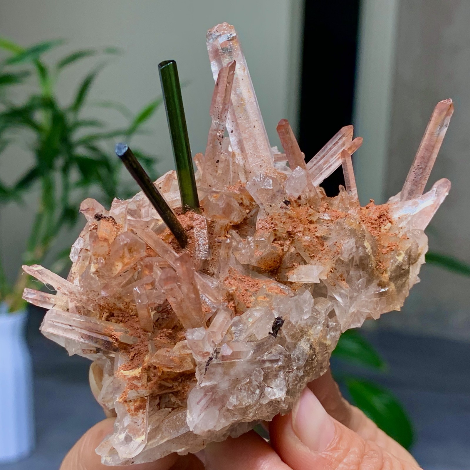 229G Natural Green tourmaline with quartz crystal cluster mineral specimen