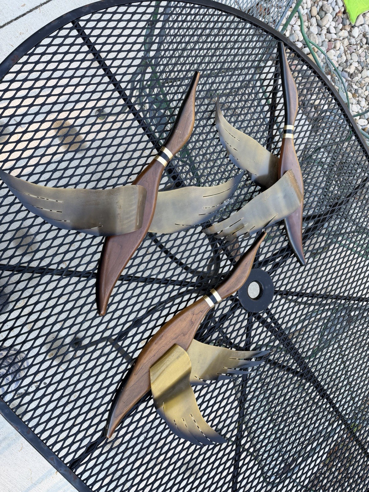 Vintage MCM Masketeers Style Flying Ducks Geese Wall Art Set 3 Teak Wood Brass