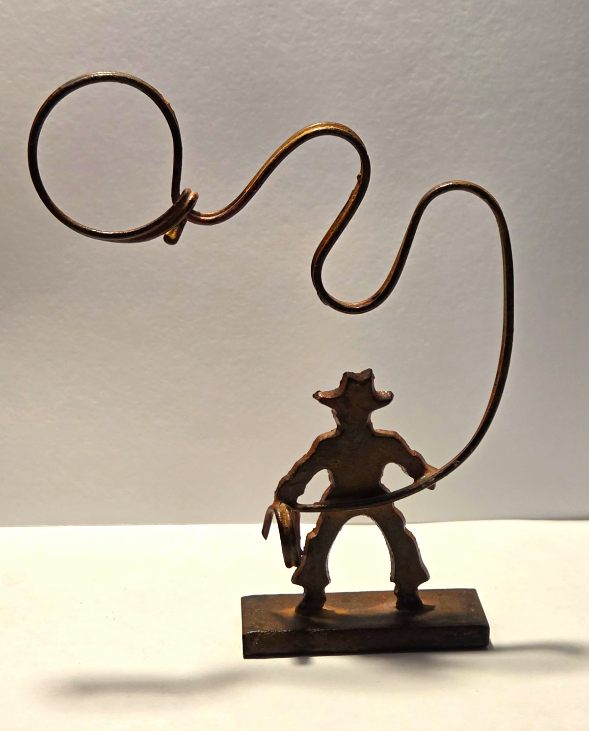 Vintage Hand Made Iron Cowboy Sculpture with Lasso. Authentic 1930s-40s Piece