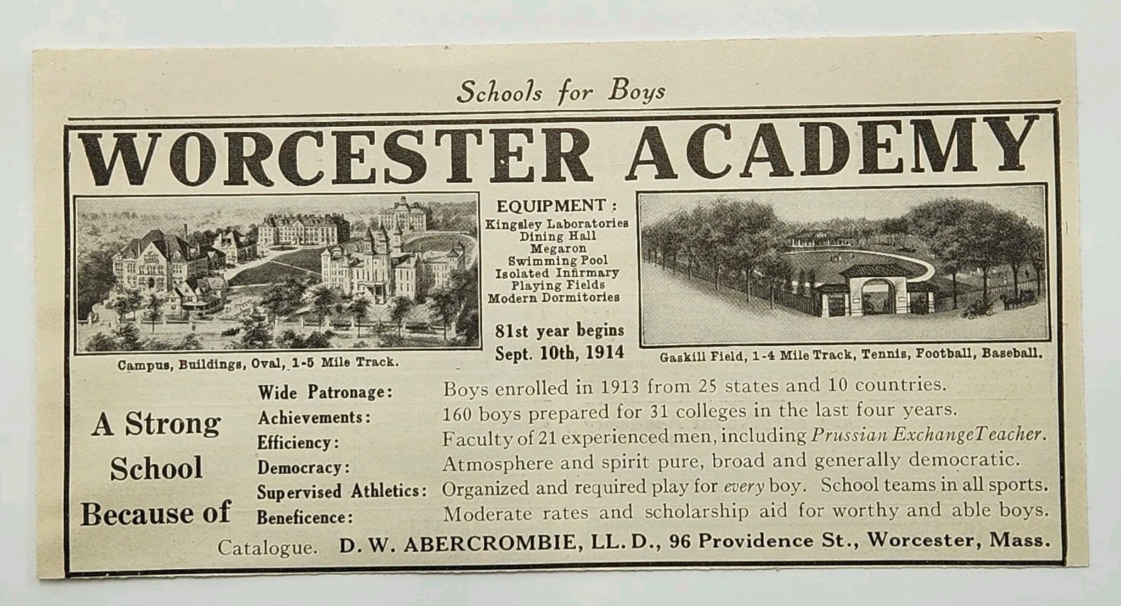 1914 Worcester Academy Original Print Ad Mass Massachusetts 1910\'s