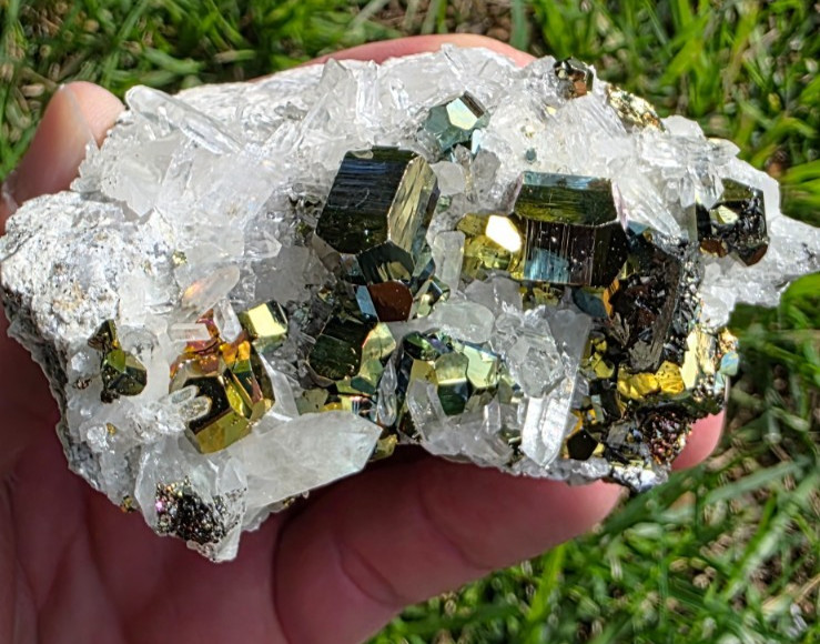Highly Iridescent Pyrite with Quartz — Indonesia, 201 grams