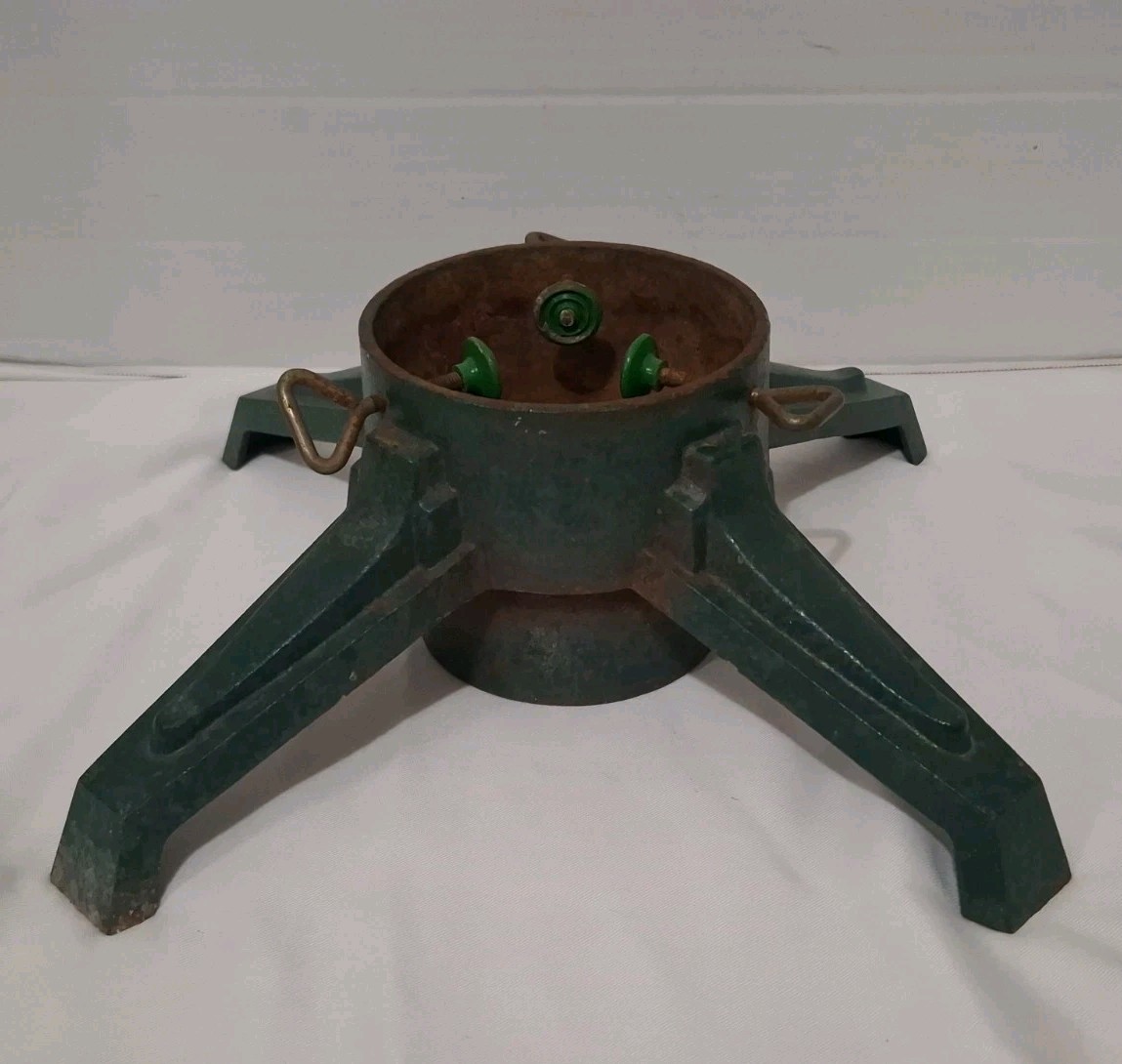 Antique Cast Iron Christmas Tree Stand Green Pattern Rustic 4 Leg