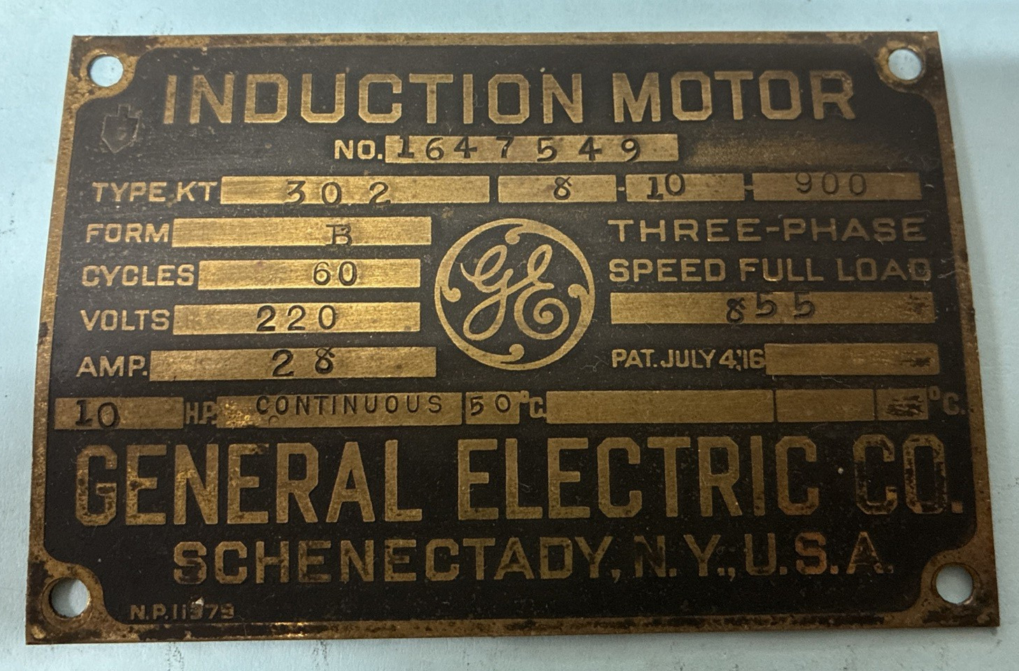 VTG 1900s INDUCTION MOTOR GENERAL ELECTRIC CO. USA Metal ID Nameplate