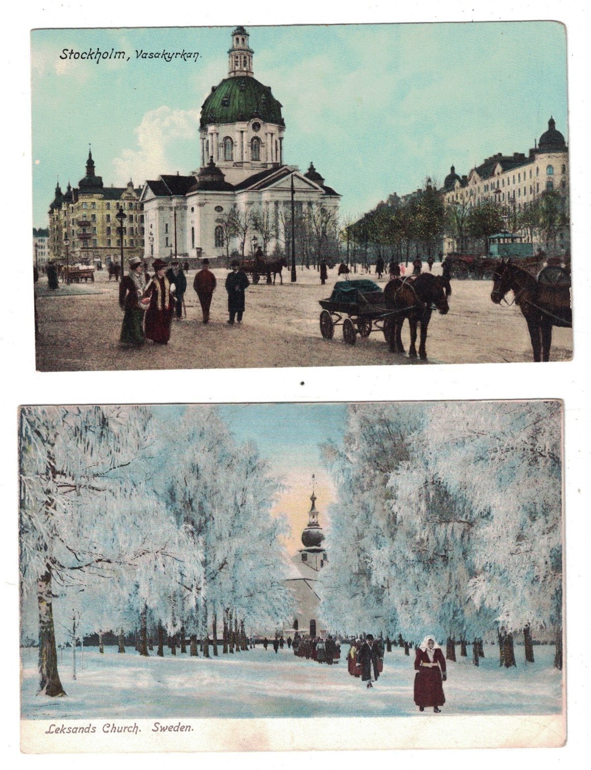 2 ANTIQUE 1905-1910 CHURCH IN STOCKHOLM & LEKSANDS SWEDEN POSTCARD
