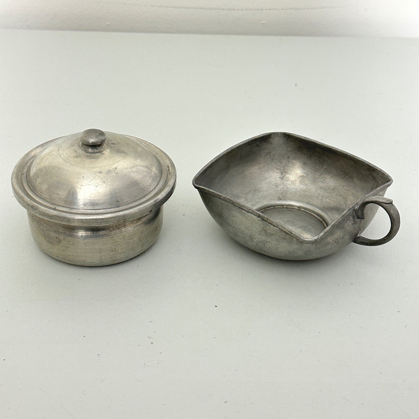 Vintage 1973 H. Hicks Pewter Lidded Sugar Bowl and Creamer Set Made for Cobb